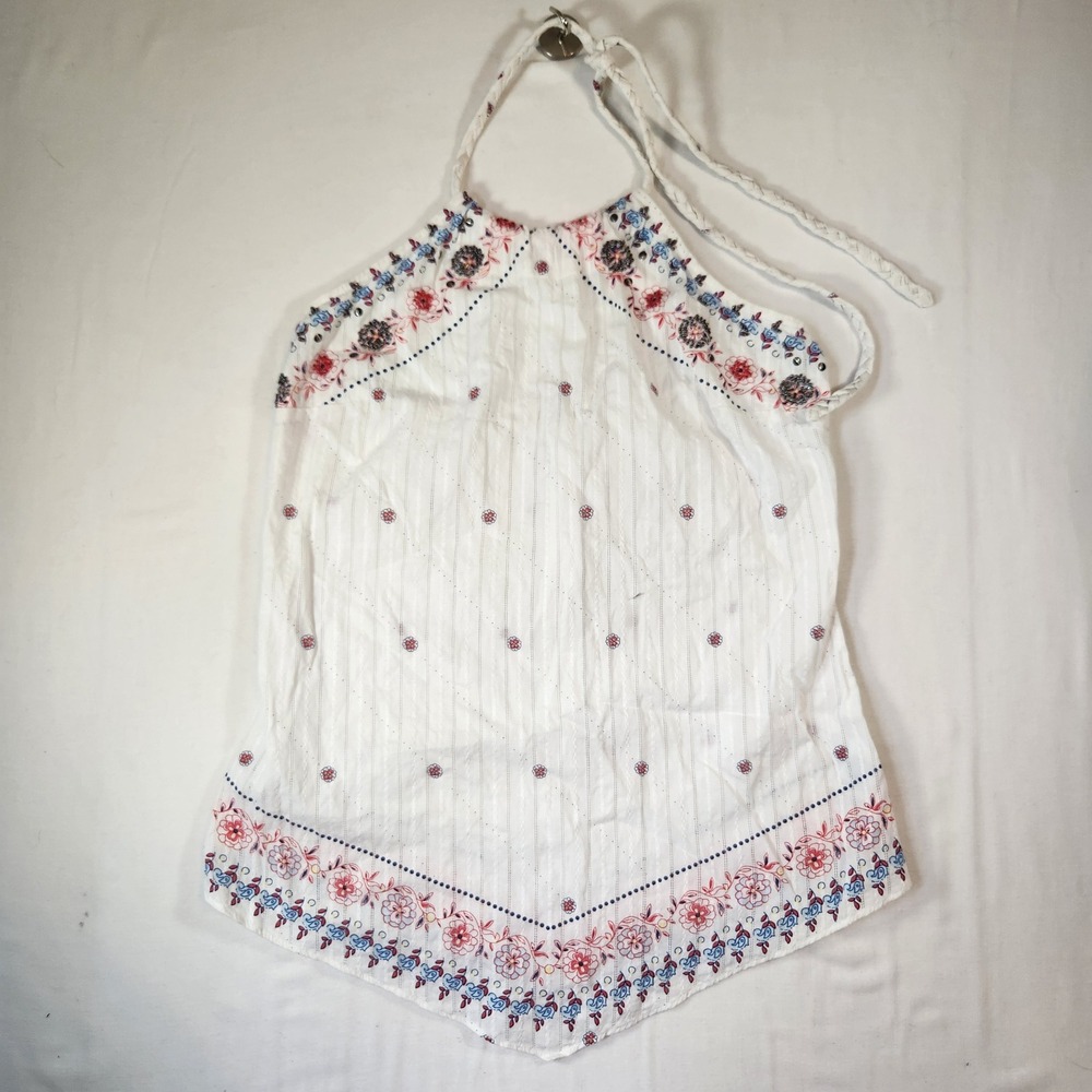 Lucky Brand Embroidered Halter Top White Cotton Boho Handkerchief Hem